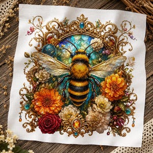 May include: A square fabric print featuring a central fuzzy bumblebee with yellow and black stripes, surrounded by a detailed gold filigree frame. The design includes vibrant orange, red, and white flowers, blue stained glass accents, and small embedded gemstones.