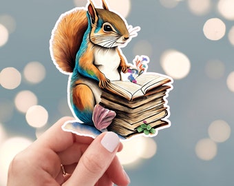 Squirrel Reading A Book Sticker, Stack Of Books Sticker, Baby Squirrel Sticker, School Library Books Sticker, Water Bottle Sticker (s22r)