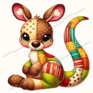 May include: A whimsical, patchwork kangaroo plush toy with large, expressive eyes and a colorful, striped tail. The kangaroo features a mix of brown, tan, green, and red fabrics, with polka dots and heart-shaped details on the ears. The text "Tee Peace Tee Peace" is repeated across the image.