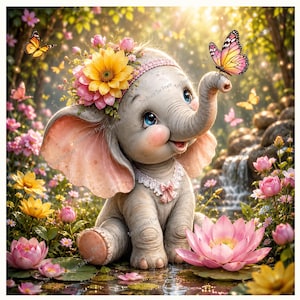 May include: A gray baby elephant with large ears and blue eyes, wearing a pink floral headband and a white lace collar. A butterfly rests on its trunk, while another flies nearby. The elephant sits among pink and yellow flowers in a garden.