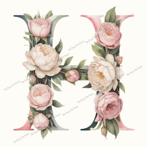 May include: Floral letter "H" design featuring pink and cream-colored peonies and buds, with green leaves. The letter has a dark teal and pink color scheme, with the text "Tee Peace Tee Peace" repeated diagonally.