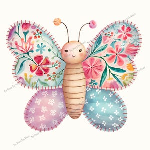 May include: A whimsical butterfly illustration with patchwork wings. The wings feature floral patterns in pink, blue, and purple, outlined with a stitched border. The butterfly's body is light brown, and it has antennae with small orange and pink spheres.