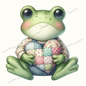 May include: A watercolor illustration of a friendly green frog with large eyes and rosy cheeks. The frog is wearing overalls and a floral shirt, holding a patchwork heart. The image has a soft, whimsical style.