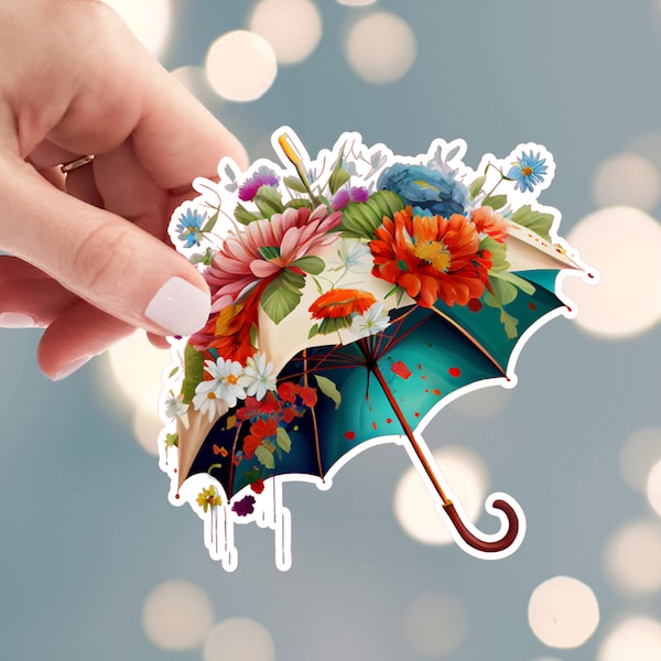 Umbrella Sticker, Floral Umbrella Sticker, Tropical Rain Sticker, Raining Flowers Sticker, Water Bottle Sticker (s23j)