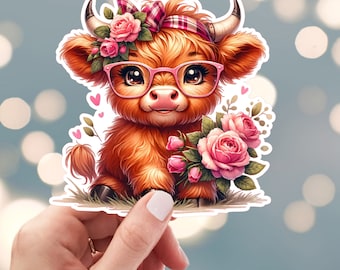 Baby Highland Cow Sticker, Rose Cow Sticker, Longhorn Cow Sticker, Floral Cow Sticker, Water Bottle Sticker (s26u)