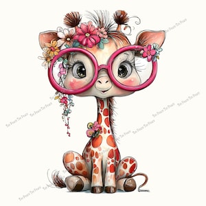 May include: A cartoon illustration of a baby giraffe with brown spots, wearing large pink glasses and adorned with colorful flowers on its head. The giraffe has long eyelashes, rosy cheeks, and a small tuft of hair, set against a white background.