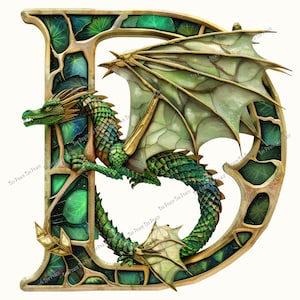 May include: A decorative letter "D" featuring a green dragon with gold accents. The dragon is intricately detailed with scales and wings, set against a backdrop of green leaves and a gold-trimmed frame. The image has the text "Tee Peace Tee Peace".