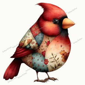 May include: A watercolor illustration of a red cardinal bird with a patchwork design. The bird's body features floral and patterned fabric in red, blue, and cream colors. The cardinal has a black eye, a yellow beak, and a red crest.