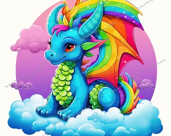 Baby Dragon On A Cloud Fabric Panel, Quilt Sewing Square, Multiple Sizes, fc4p