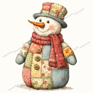 May include: A whimsical snowman figure with a carrot nose, button eyes, and a stitched smile. It wears a patchwork hat and body, a red scarf, and has wooden buttons. The snowman is a festive winter decoration.