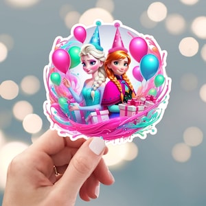 May include: Two cartoon characters, Elsa and Anna from Frozen, wearing party hats and holding presents. They are surrounded by colorful balloons and paint splatters on a white background.