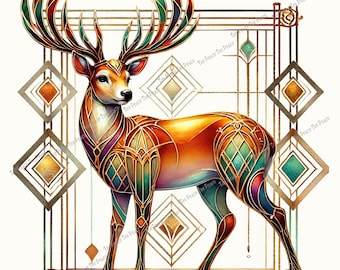 Art Deco Deer Fabric Panel, Quilt Sewing Square, Multiple Sizes, fc8x