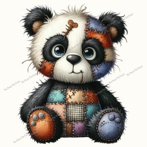 May include: A whimsical panda bear plush toy with a patchwork design. The panda features black and white fur, large blue eyes, and colorful patches in shades of orange, blue, and purple. The bear has a stitched-on appearance, giving it a handcrafted feel.