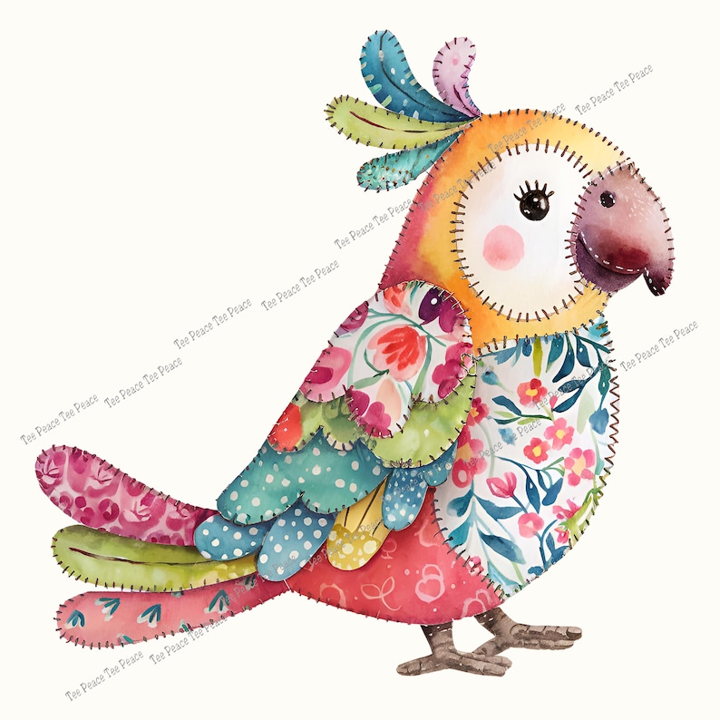Patchwork Parrot Patchwork Cockatoo Bird Fabric Panel, Quilt Sewing Square, Multiple ...