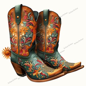 May include: A pair of colorful cowboy boots with floral designs. The boots feature a mix of orange, green, and brown hues, with intricate embossed patterns. The boots have pointed toes and wooden heels, with a sunflower on the side.