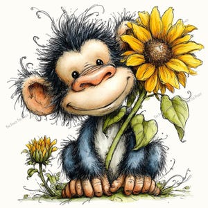May include: A whimsical illustration of a cartoon monkey holding a large yellow sunflower. The monkey has a smiling expression, with a light brown face, dark blue fur, and orange hands and feet. A smaller yellow flower is also visible.