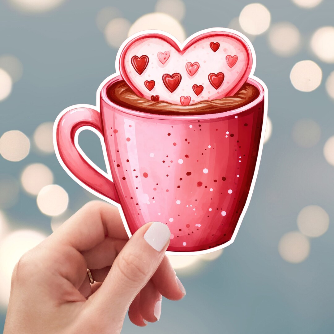 Cup of Cocoa Sticker, Valentines Coffee Cup Large Sticker, Heart Cup ...