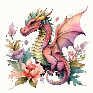 May include: Watercolor illustration of a pink dragon with green and gold accents, surrounded by flowers and foliage. The dragon has large wings and is set against a white background. The image has the text "Tee Peace Tee Peace" repeated.
