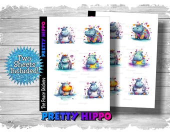 Hippo Sticker Sheets, 2 Sheet Bundle, Blue Hippopotamus Stickers, Zoo Animal Stickers, Hippo Sticker Pack, (a484)