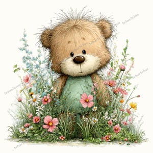 May include: A whimsical illustration of a teddy bear in a field of wildflowers. The bear has brown fur, a green outfit, and a dark brown nose. Pink, white, and blue flowers surround the bear, creating a cheerful, nature-inspired scene.