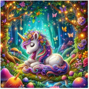 May include: A whimsical illustration of a unicorn resting peacefully in a magical forest. The unicorn has a rainbow mane and a floral crown. Butterflies flutter around the unicorn, and the forest is filled with colorful mushrooms and glowing lights.