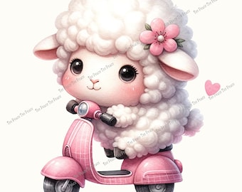 Baby Lamb Pink Scooter Fabric Panel, Quilt Sewing Square, Multiple Sizes, fc1a