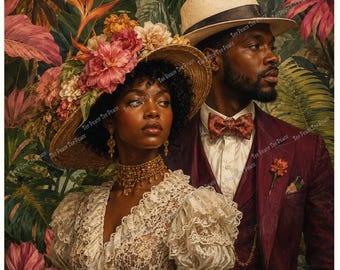 May include: A digital art print depicting a couple in formal wear, set against a tropical background. The woman wears a straw hat with flowers and a lace dress. The man is in a burgundy suit with a patterned bow tie. The background features vibrant foliage.