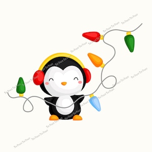 May include: A cartoon penguin wearing yellow headphones and red earmuffs, holding a string of colorful Christmas lights. The penguin is black and white with an orange beak and feet, set against a white background.