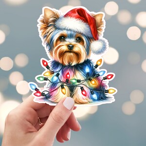 Christmas Yorkie Sticker, Yorkshire Terrier Sticker, Christmas Lights Sticker, Holiday Puppy Sticker, Water Bottle Sticker (s59d)