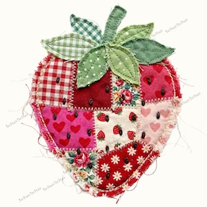 May include: A handmade strawberry-shaped patchwork item. The design features various fabric patterns, including red gingham, floral prints, and heart motifs. The strawberry has green leaves and a frayed edge, giving it a rustic appearance.