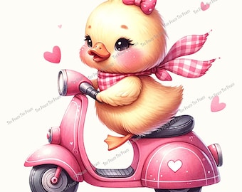 Baby Chick Pink Scooter Fabric Panel, Quilt Sewing Square, Multiple Sizes, fc1b