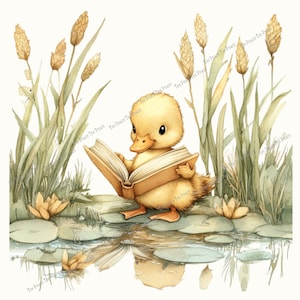 May include: A watercolor illustration of a fluffy yellow duckling standing by a pond, holding an open book. The scene features tall green reeds, lily pads, and water reflections. The text Tee Peace is repeated across the image.