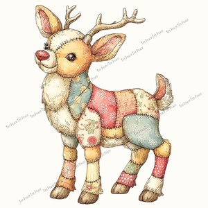May include: A whimsical, patchwork reindeer figurine with a red nose, antlers, and a stitched design. The reindeer's body is composed of various fabric patterns in shades of pink, blue, green, and yellow. The overall style is reminiscent of a handcrafted, vintage toy.