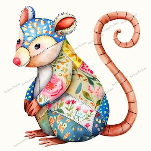 May include: Watercolor illustration of a patchwork rat with a long, curled tail. The rat's body is composed of various fabric patterns, including floral and dotted designs. The rat has a pink nose, ears, and paws, and is set against a white background.