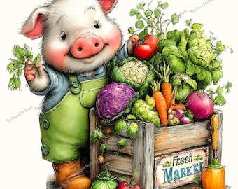 Pig Farmers Market Fabric Panel, Quilt Sewing Square, Multiple Sizes, fc11r