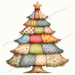May include: A whimsical Christmas tree illustration. The tree is constructed from layered, colorful fabric patches with various patterns, including polka dots and floral designs. A golden star adorns the top. The base is a brown tree trunk.