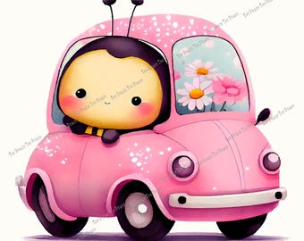 Little Ladybug Pink Car Fabric Panel, Quilt Sewing Square, Multiple Sizes, fc2w