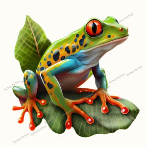 May include: A vibrant illustration of a tree frog with bright green, yellow, and blue coloration, accented by orange feet and large red eyes. The frog is perched on a green leaf against a white background.