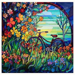 May include: A stained-glass style artwork depicts a bicycle parked amidst colorful flowers and foliage. The scene is framed by an archway, with a vibrant mix of orange, yellow, and blue hues. The bicycle has a red seat.