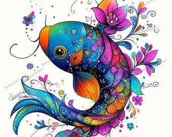 Koi Fish Art Fabric Panel, Quilt Sewing Square, Multiple Sizes, fc10b