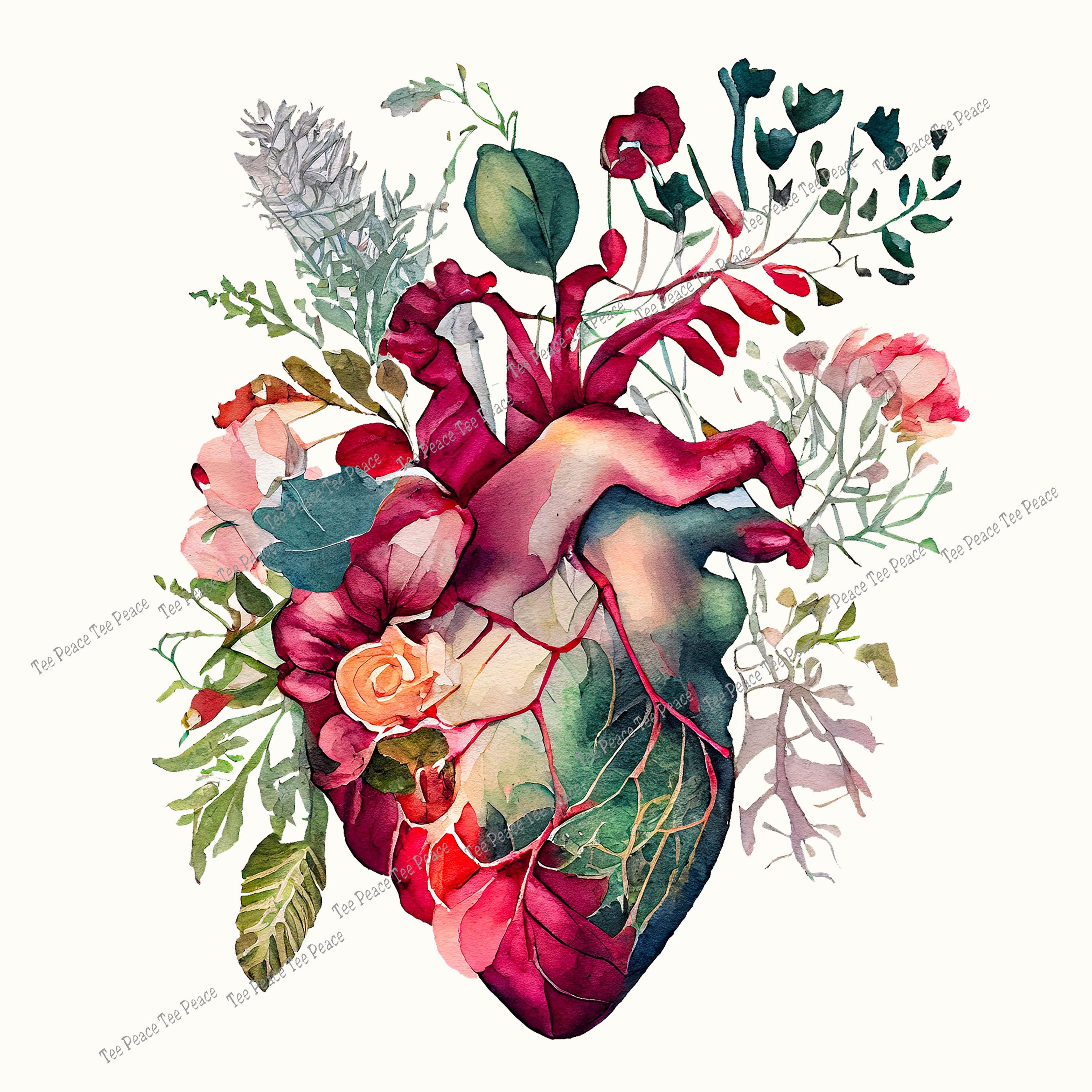 Anatomical Floral Heart Fabric Panel, Quilt Sewing Square, Multiple ...