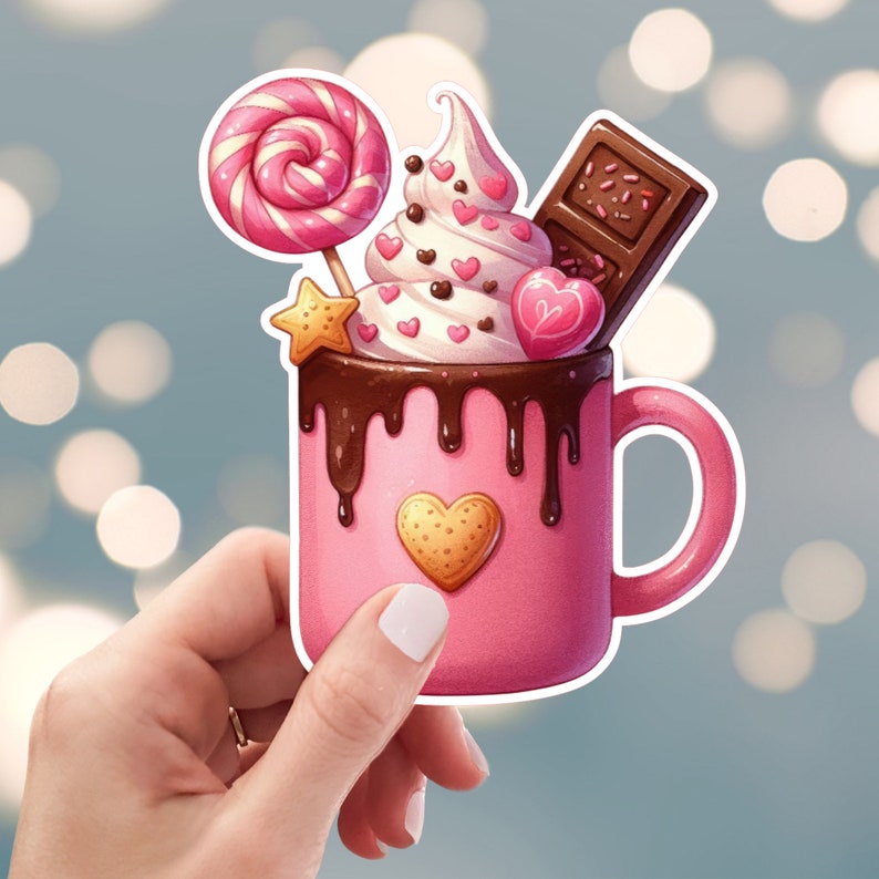 Hot Cocoa Mug Sticker, Chocolate Candy Cocoa Sticker, Pink Coffee Cup ...