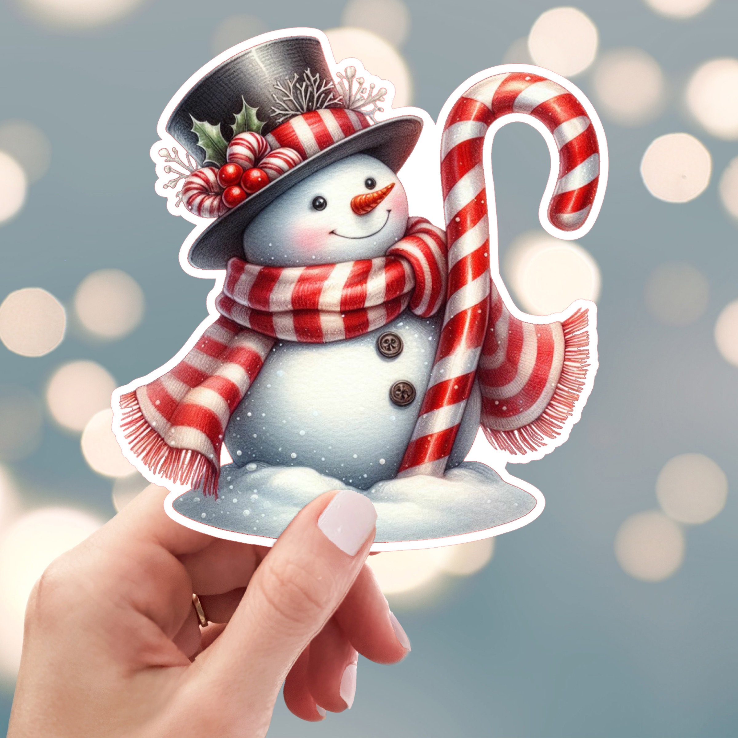 Snowman Sticker, Candy Cane Snowman Sticker, Christmas Sweets Sticker, Merry Christmas Sticker, Winter Holiday Candy Sticker,  (64r)