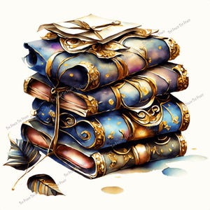 May include: A stack of four ornate books with blue covers and gold accents. The books have intricate gold designs and are tied with a gold ribbon. A stack of white papers sits on top, with a few decorative leaves at the bottom.