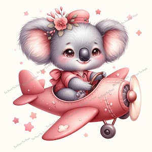 May include: A charming illustration of a koala bear piloting a pink airplane. The koala wears a pink outfit and hat adorned with flowers. The plane has a propeller and is decorated with stars, creating a whimsical and adorable scene.