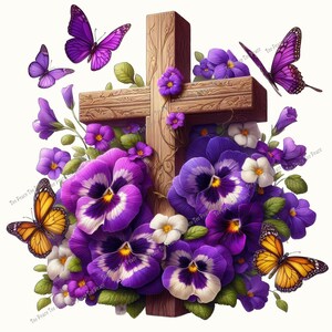 May include: A wooden cross is surrounded by purple pansies, violets, and white flowers. Several purple and orange butterflies are scattered around the cross, creating a vibrant and colorful floral arrangement.