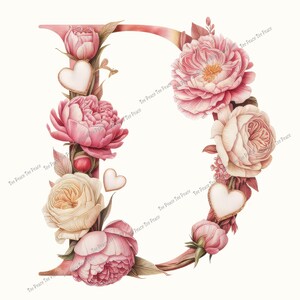 May include: A floral letter "D" design featuring pink peonies, cream roses, and heart accents. The letter is in a soft pink hue, with the flowers and hearts arranged around the letter's form. The design has a watercolor effect.