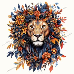May include: A detailed illustration of a lion's head adorned with a floral crown. The lion's face is tan with intricate patterns, surrounded by a mane of dark blue and black fur. The floral crown features orange, yellow, and blue flowers and leaves.