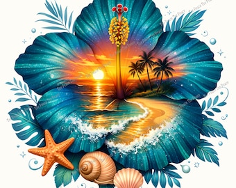 Tropical Beach Fabric Panel, Quilt Sewing Square, Multiple Sizes, fc14o