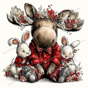 May include: An illustration of a moose wearing a red plaid shirt and bow tie, surrounded by two white rabbits. The moose has antlers adorned with flowers. The rabbits wear red jackets and bows. Floral accents complete the design.